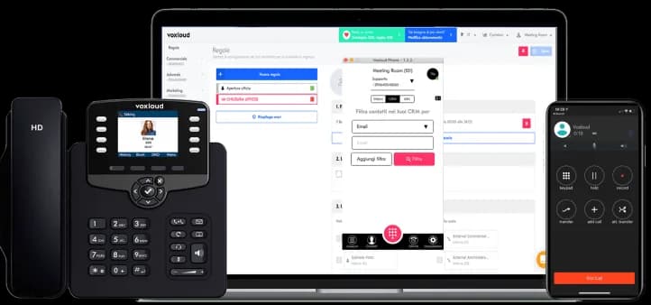 Telefono VoIP, computer e smartphone con l'app del centralino in cloud