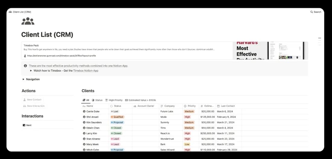Database clienti su Notion con anagrafiche, contratti e scadenze